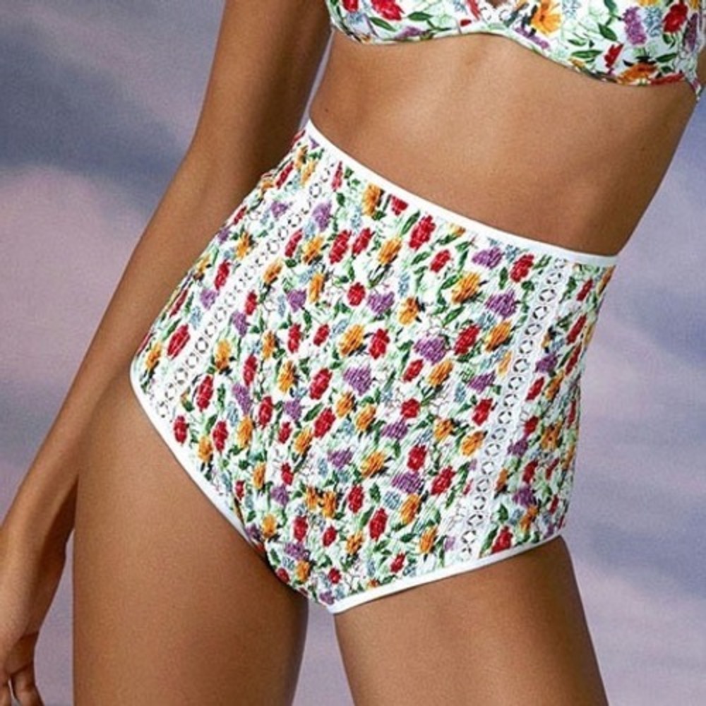 Charo Ruiz Ibiza Alga Bikini Bottoms Floral Smocked High Waisted White Multi‎ M